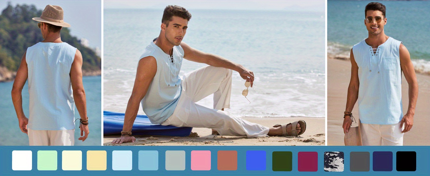 mens cotton linen top casual sleeveless lace up beach hippie tops bohemian renaissance pirate tunic crew neck printed pattern non stretch knit fabric regular fit for summer sports vest details 1