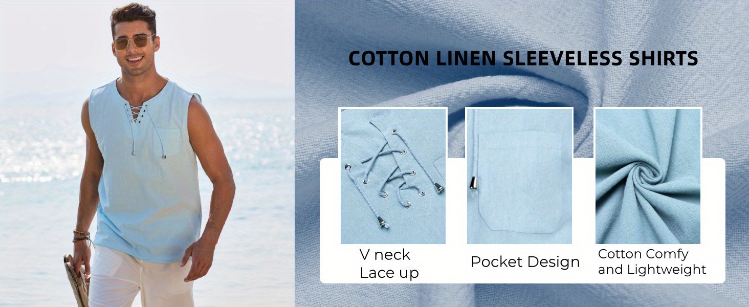 mens cotton linen top casual sleeveless lace up beach hippie tops bohemian renaissance pirate tunic crew neck printed pattern non stretch knit fabric regular fit for summer sports vest details 2