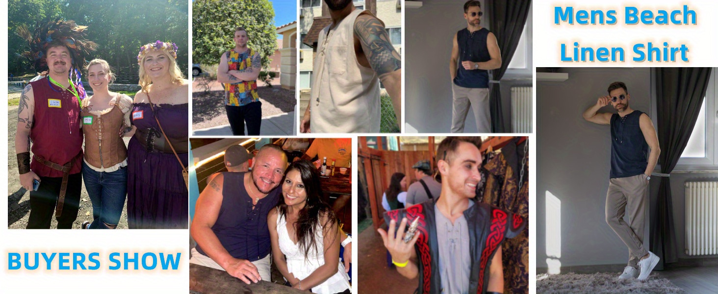 mens cotton linen top casual sleeveless lace up beach hippie tops bohemian renaissance pirate tunic crew neck printed pattern non stretch knit fabric regular fit for summer sports vest details 3