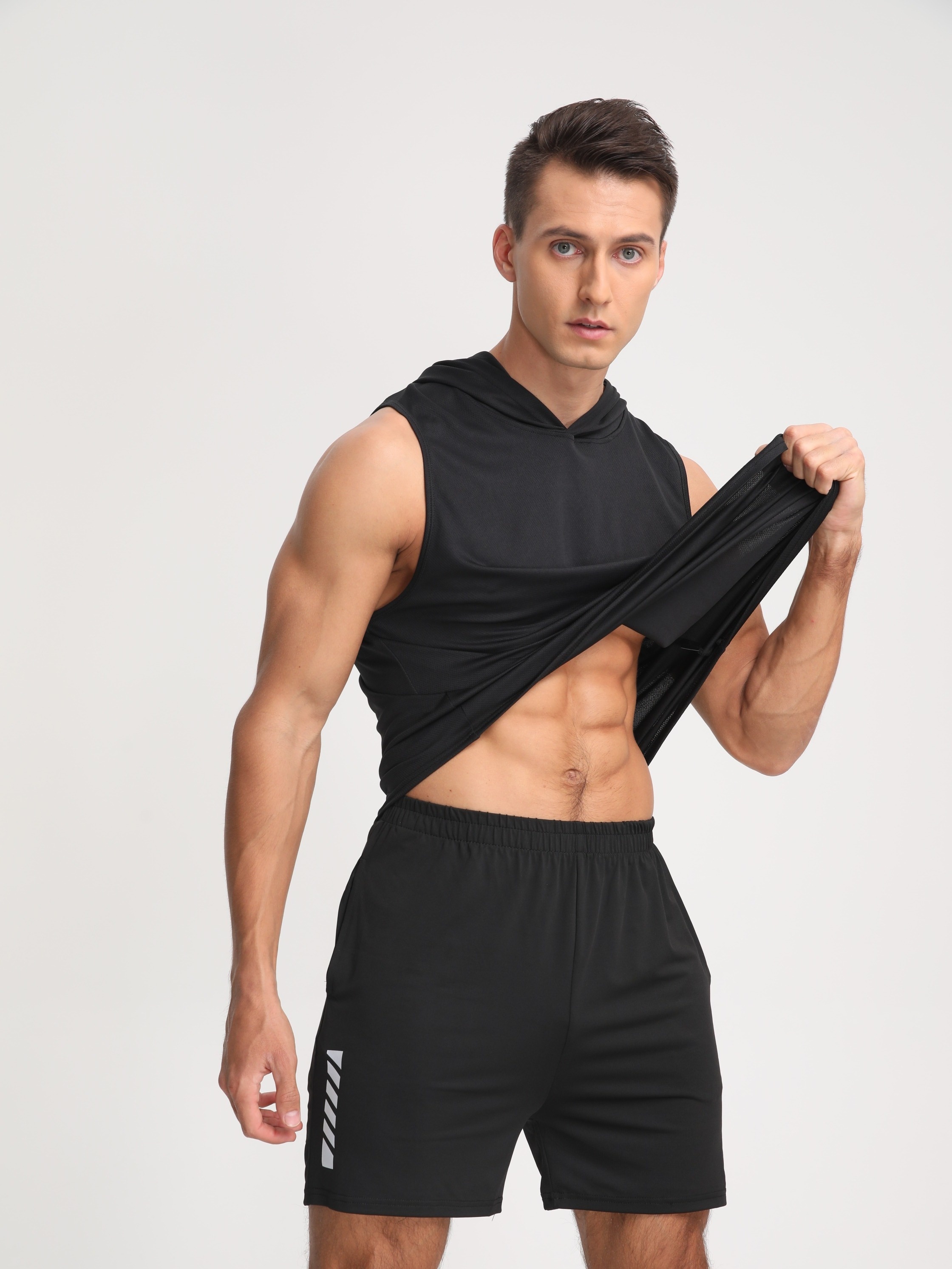 mens solid color stretch hooded sweatshirt mens pullover tops for gym fitness spring and summer details 1
