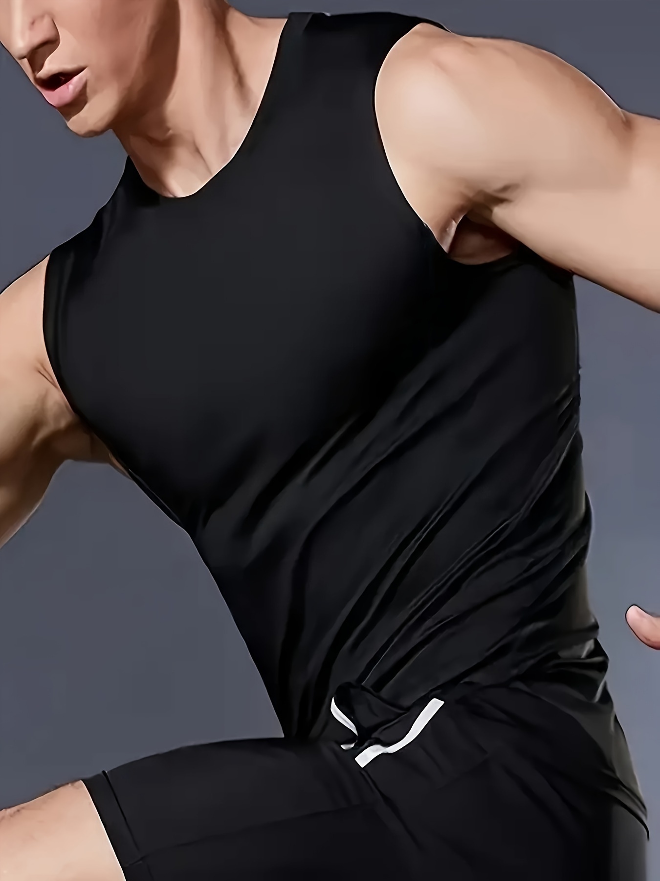 mens solid top active crew neck high stretch skinny quick dry sleeveless top mens clothing for summer outdoor details 1