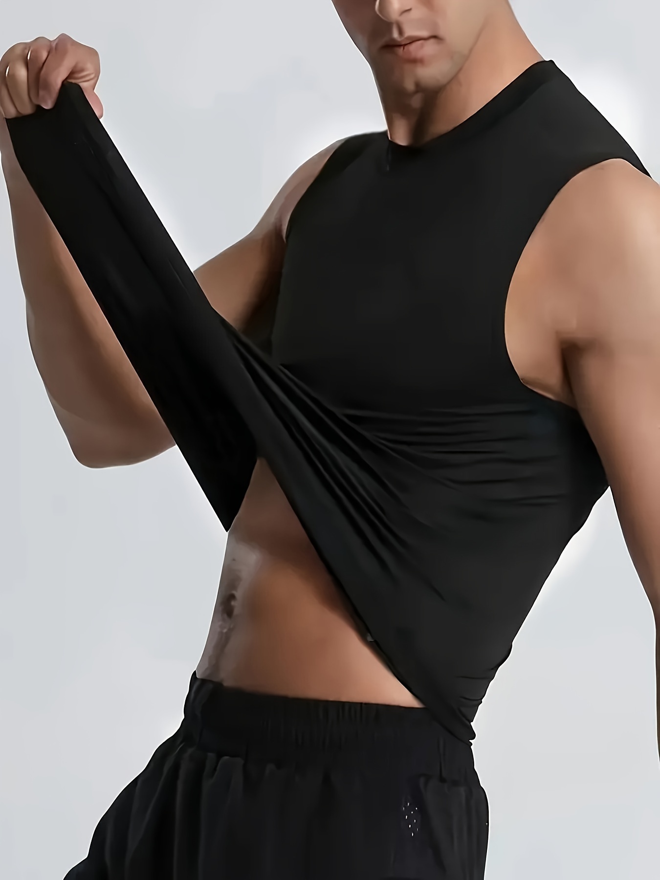 mens solid top active crew neck high stretch skinny quick dry sleeveless top mens clothing for summer outdoor details 2