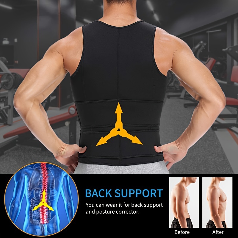 1pc mens high stretch polyester waist trainer vest knit fabric crew neck sleeveless top with zipper and adjustable belt for sports sauna compression shapewear fat burner workout details 1